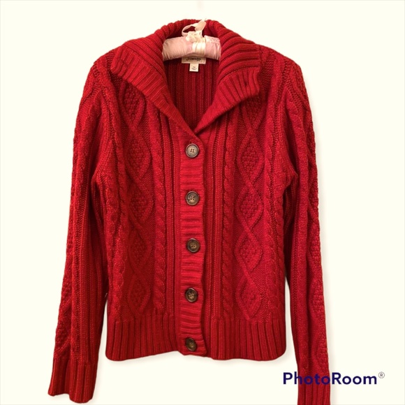 #45 St John’s Bay Petite Cardigan Sweater Red Cable Knit Collar WM SZ M  🥰 - Picture 1 of 14